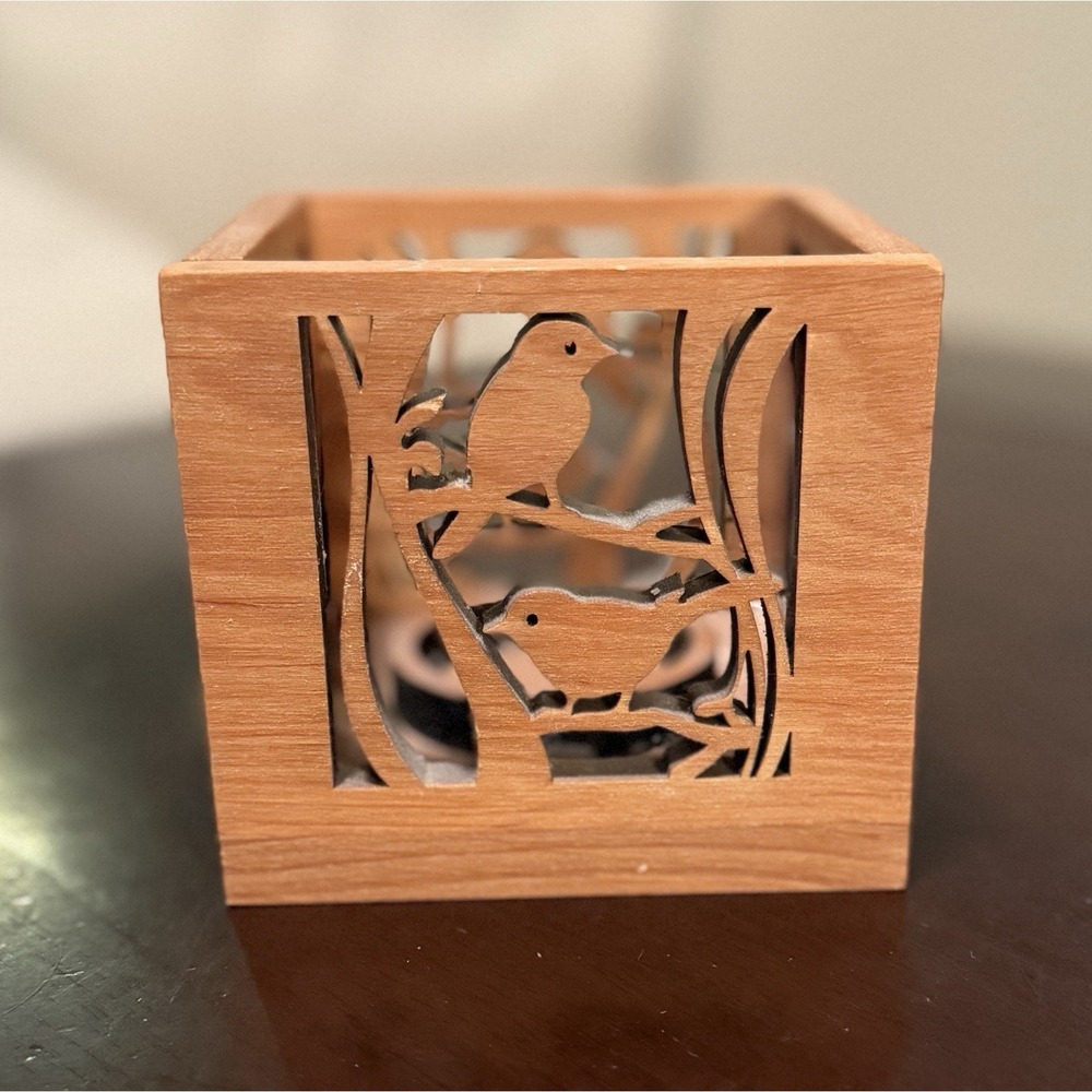 Carved Alder Wood Cube Tea Light Holder Birds, Hearts Made by Almeda in Czech 4"